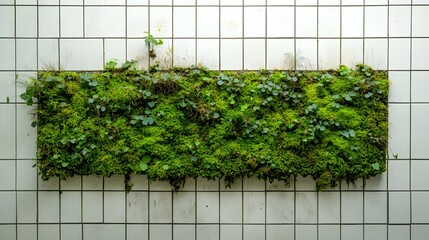 Garden design features a lush green wall of moss and small plants, accentuating vibrant textures against the stark white tiles, evoking tranquility and freshness.