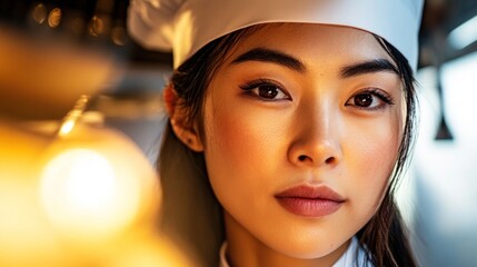young female chef focuses intently in a modern kitchen, surrounded by warm lighting. She wears a traditional chef hat and uniform, showcasing her dedication to culinary arts