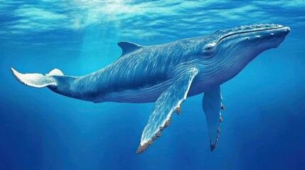 Obraz premium humpback whale glides effortlessly through the clear blue ocean, showcasing its majestic fins and body while sunlight filters through the water above, creating a serene underwater ambiance