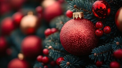 Obraz premium Bright red glittering ornaments are adorned on a lush green Christmas tree, showcasing vibrant colors and festive decorations during the holiday season