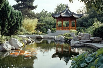 Fototapeta premium Traditional chinese garden serenity tranquil landscape nature scene cultural heritage reflective pond lush environment peaceful viewpoint celebrating tradition in harmony