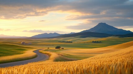 Fototapeta premium winding road meanders through golden wheat fields at sunset, framed by distant mountains and a dynamic sky, capturing the serene beauty of rural life