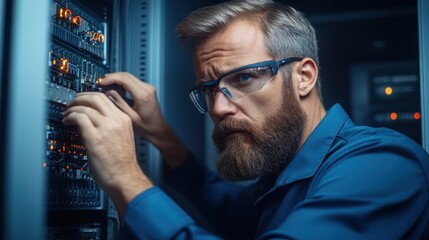 technician in a blue shirt adjusts server connections in a data center. dimly lit environment highlights a focus on technology