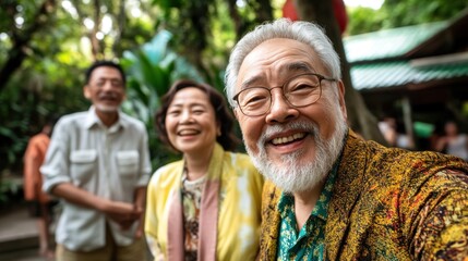 elderly couple beams with joy as they pose for a selfie in a vibrant garden filled with tropical plants. Friends share laughter and warmth, celebrating friendship in nature