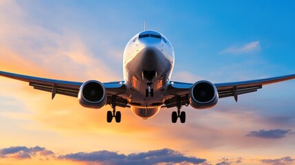 Fototapeta premium airplane approaches for landing, silhouetted against a vibrant sunset sky. clouds reflect shades of orange and purple as the aircraft descends gracefully towards the runway
