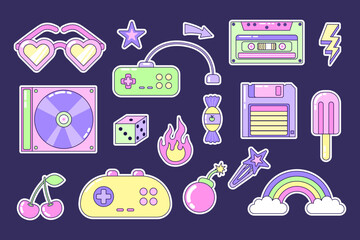 y2k elements set. Multicolored elements on dark background. Retro illustration with outline in 90s style. Isolated vector illustration.