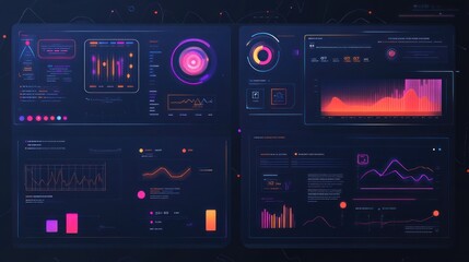 Obraz premium Data visualization dashboard featuring graphs and analytics in a dark theme.