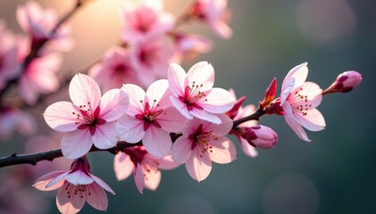 Naklejka premium Delicate pink cherry blossoms dance in the wind, flowers, nature