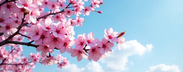 Obraz premium Delicate pink blossom tree branches stretching towards sky, garden, bloom, natural