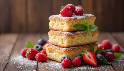 Stack of Lamingtons Garnished with Berries and Mint on a Wooden Table