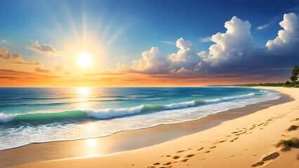 a hot summer beach scene, featuring a blazing sun shining brightly.