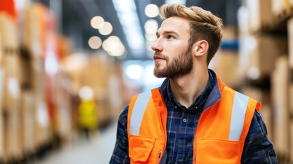 Fototapeta premium young worker in a safety vest is examining the organized inventory in a warehouse. bright lighting and shelves full of boxes indicate a busy operation during the day