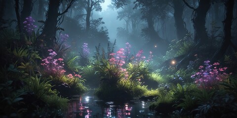 Bioluminescent plants in the misty underbrush, natural ambiance, foggy forest floor