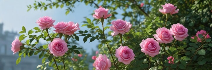 Fototapeta premium Beautifully crafted pink rose buds on a tall bush rose, swaying gently in the breeze, blooming roses, leafy greens