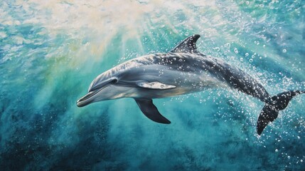Naklejka premium A dolphin swimming gracefully through clear, blue water, illuminated by sunlight.