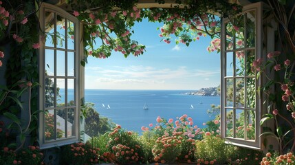 A panoramic 3D scene of a blooming garden seen through an elegant window, with the tranquil sea stretching into the distance under a clear sky