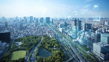 Obraz premium Smart city aerial view with digital network overlay.