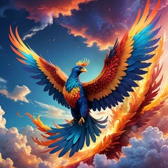 Fototapeta premium This illustration captures the phoenix in mid-flight, its feathers ablaze with vivid hues, surrounded by swirling clouds, embodying the power of transformation.