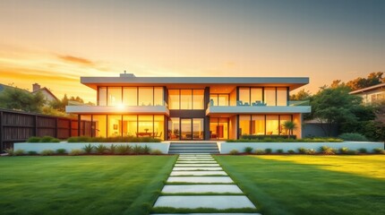 Naklejka premium Large house with a large lawn and a walkway leading to it