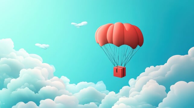 A Box flying on a parachute with pink cloud,vector illustration of package flying down from sky and cloud with parachute, concept for delivery service,shopping online,air delivery service.