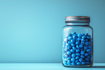 Transparent glass jar with blue round pills on blue background. Health and care concept. Pills, vitamins, sports nutrition or cosmetics. Minimalism.