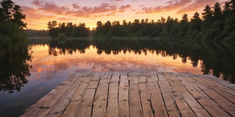 A serene wooden dock on the riverbank at sunset , river, wooden dock, riverbank