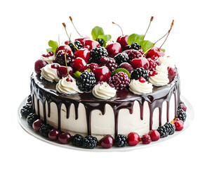 cake with cherries and berries isolated on white background 