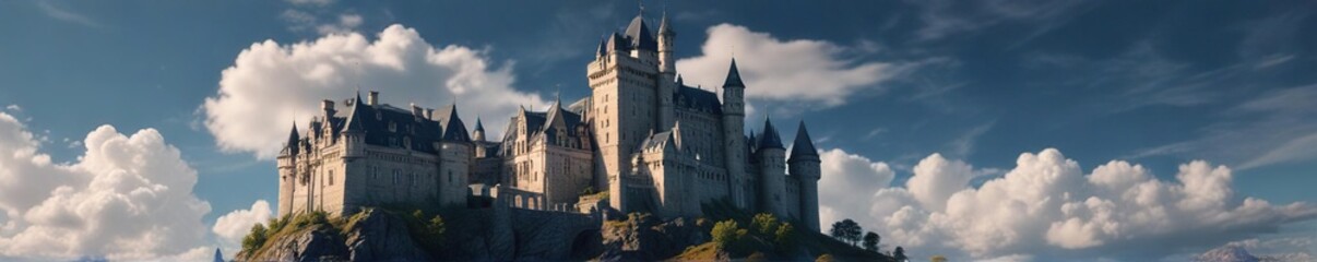 Fototapeta premium A majestic castle with a blue sky and dramatic clouds towering above it, cloud, ancient