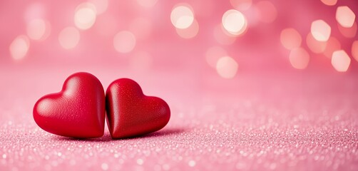 Obraz premium Two Hearts on Pink Glitter Romantic Valentine's Day Background