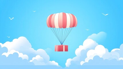 Fototapeta premium A Box flying on a parachute with pink cloud,vector illustration of package flying down from sky and cloud with parachute, concept for delivery service,shopping online,air delivery service.
