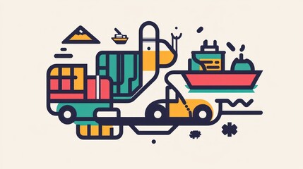 Naklejka premium A creative icon design of a delivery route with a truck, a ship, and a pallet, illustrating the interconnected shipping process