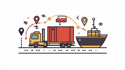 A creative icon design of a delivery route with a truck, a ship, and a pallet, illustrating the interconnected shipping process