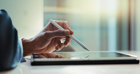 Business tablet, hands and writing in office for digital signature agreement, online application or...