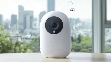 Smart home security camera on table, city view.