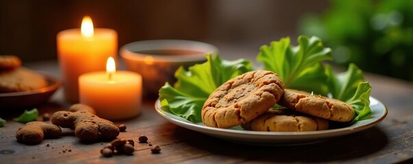 Soft candle glow illuminates a spread of ginger cookies and lettuce coffee, cookies, spread, candle
