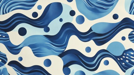 Fluid abstract wave pattern with circular elements in blue tones