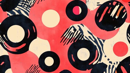 Abstract composition with black, red, and beige circles and striped design