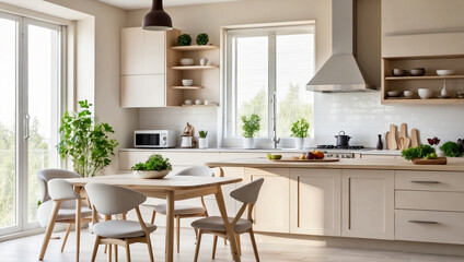 A Bright and Inviting Light Kitchen Interior with Dining Area