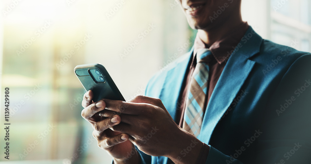 Aufkleber business, man and hands scroll with smartphone in office for crypto research and reading stock marke