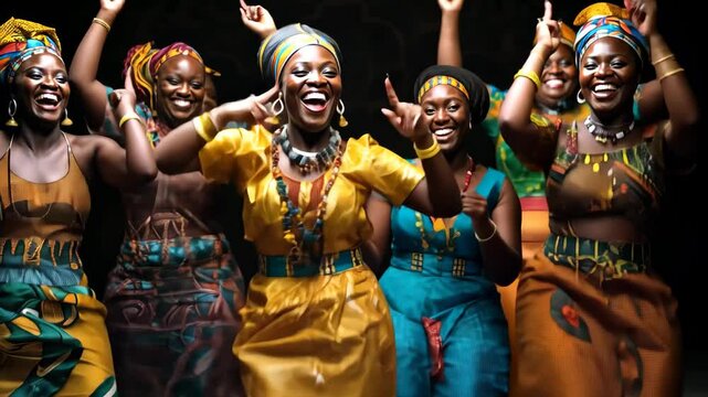 A group of women in vibrant traditional attire dance joyfully together under the glow of stage lights