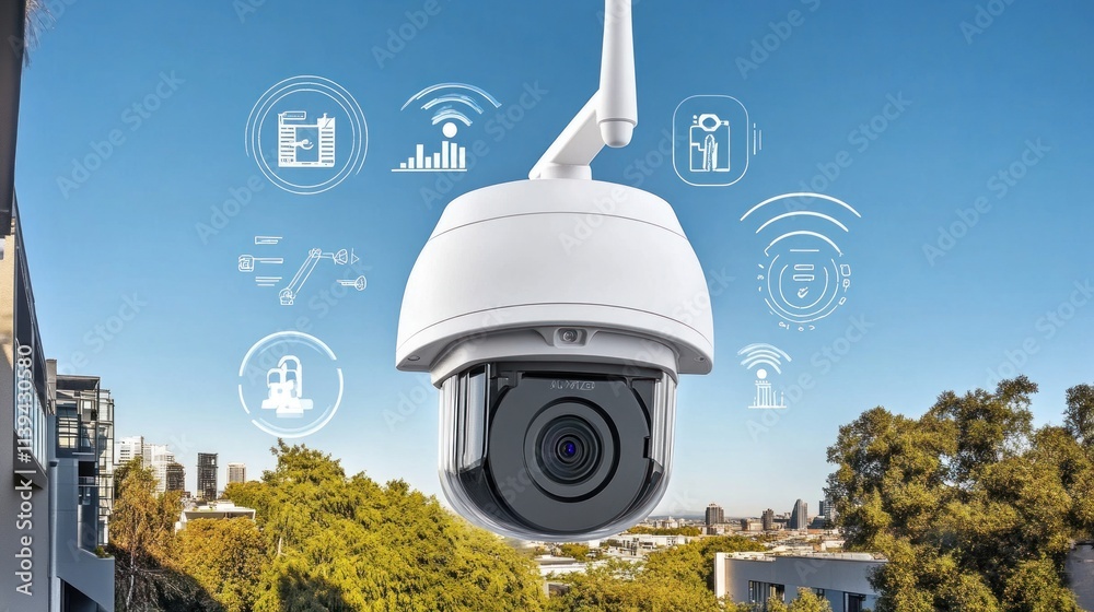 Poster smart security camera with wireless connection and data analytics icons.