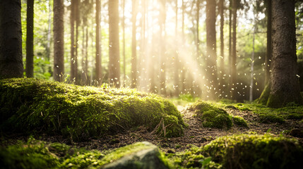 Obraz premium A forest with sunlight shining through the trees. The sunlight is casting shadows on the ground, and there are many insects flying around. Scene is peaceful and serene, as the forest is a natural