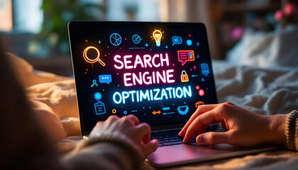 SEO on Laptop, Search Engine Optimization Concept