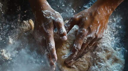 Hands Kneading Dough Flour Dust Baking