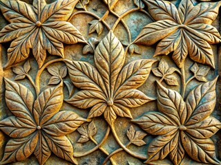 Fototapeta premium Antique Stone Carving Relief Panel: Close-Up Leaf Design Home Decor