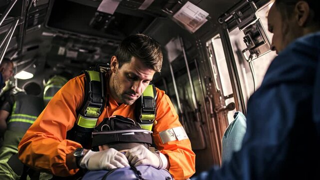 A medic in an orange jacket and harness tends to a patient inside a darkened aircraft