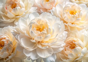 Bird's Eye View Macro Photography: Exquisite White Peony Blossoms, Cream Pastel Hues, Soft Focus, Full Bloom