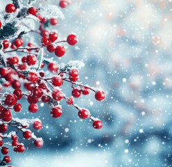 Snow-covered red berries on a branch in winter.