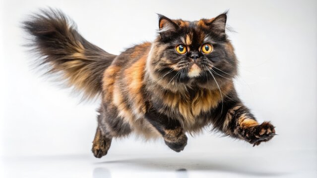 Black Tortoise Shell Persian Cat Action Shot, White Background, Elegant Feline Photography