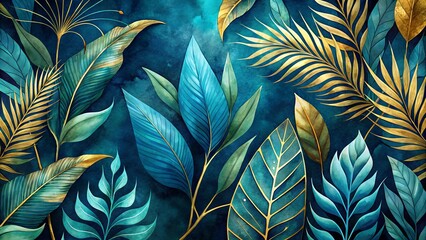 Blue Exotic Leaves Watercolor Botanical Banner Wallpaper Design - Golden Art Lines, Print, Decor, Fabric, Textile